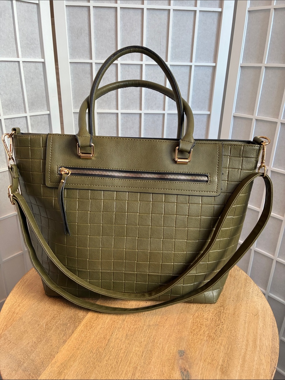 Olive Green Faux Leather Tote Bag, Basket Weave Embossed Front